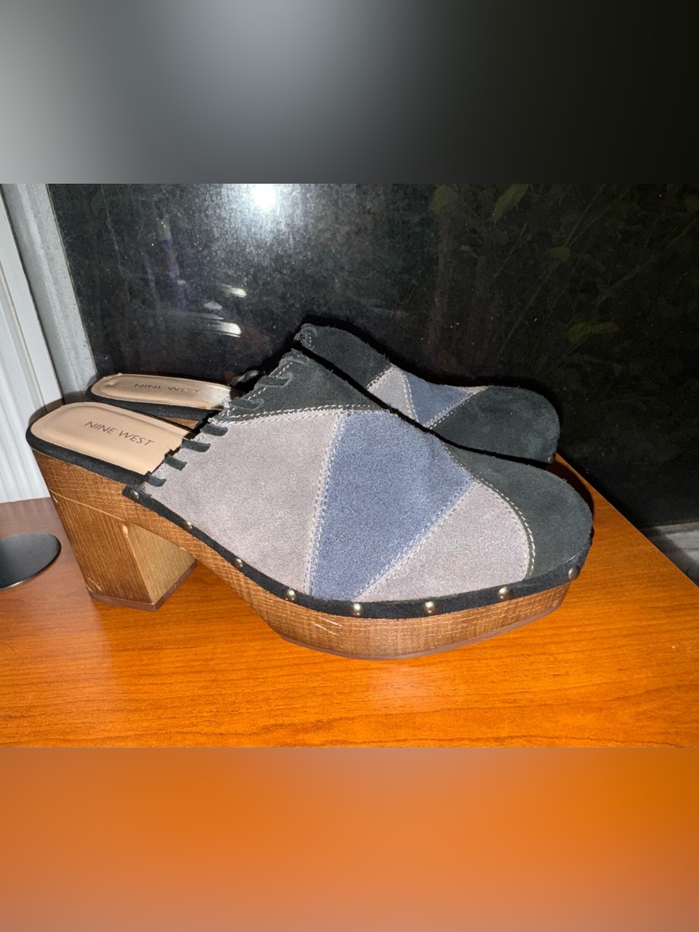 Nine West Two-Tone Suede Platform Clogs in Navy and Gray